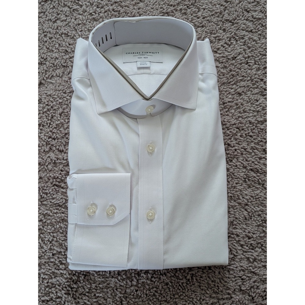 Charles Tyrwhitt Shirt 16.5/38 White Herringbone Cutaway Slim Fit Non Iron NWT